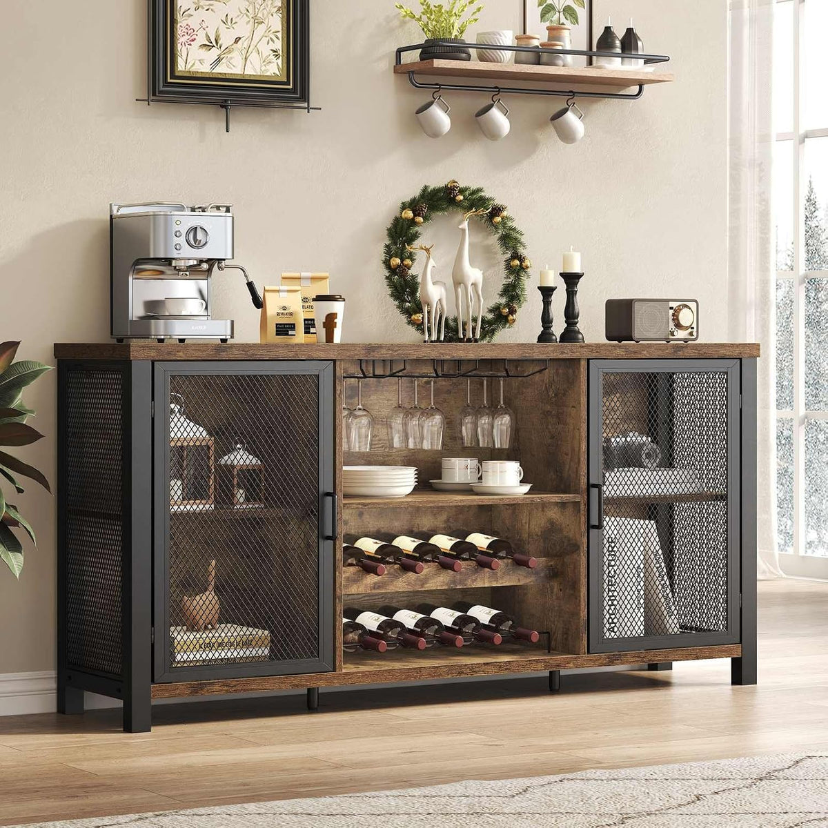Launica Rustikalbrauner 140 cm Weinschrank mit Weinregal für Esszimmer