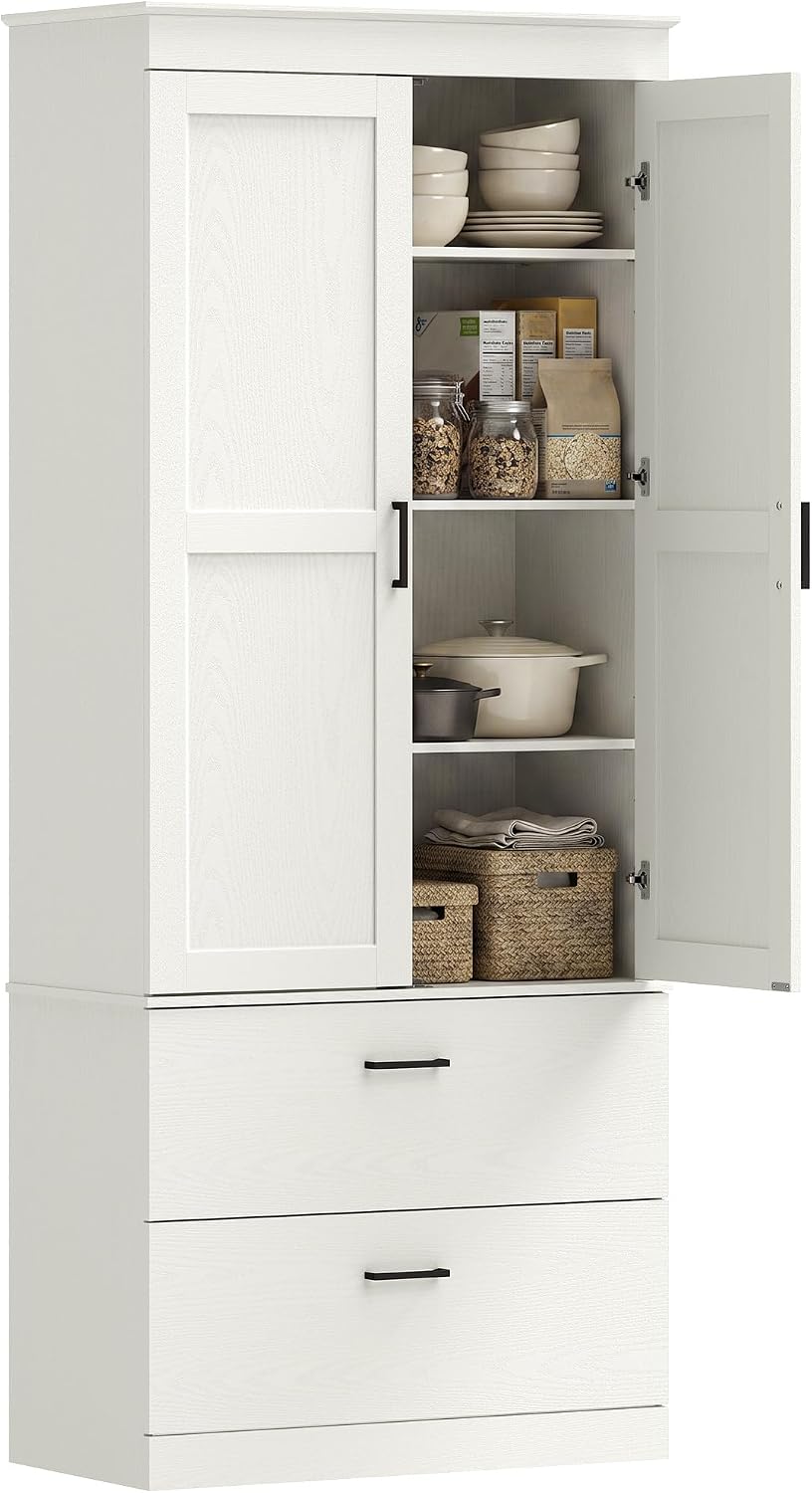 HOMCOM Küchenschrank, Hochschrank 2 Schubladen 75x39x178 cm Cremeweiß