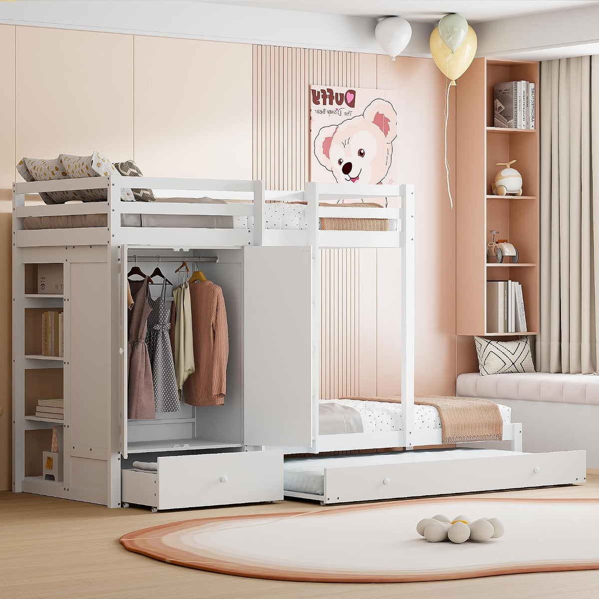 Kebnor Etagenbett aus Massivholz 90 * 200 mit Ausziehbett, multifunktionales Kinderbett mit Kleiderschrank, Schubladen und Ablagefach (weiß)