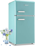 DEMULLER Retro Mini Fridge with Top Freezer 100L Small Refrigerator with Two Doors & Two Handles Dorm Fridge with 7 Temperature Settings Spacous