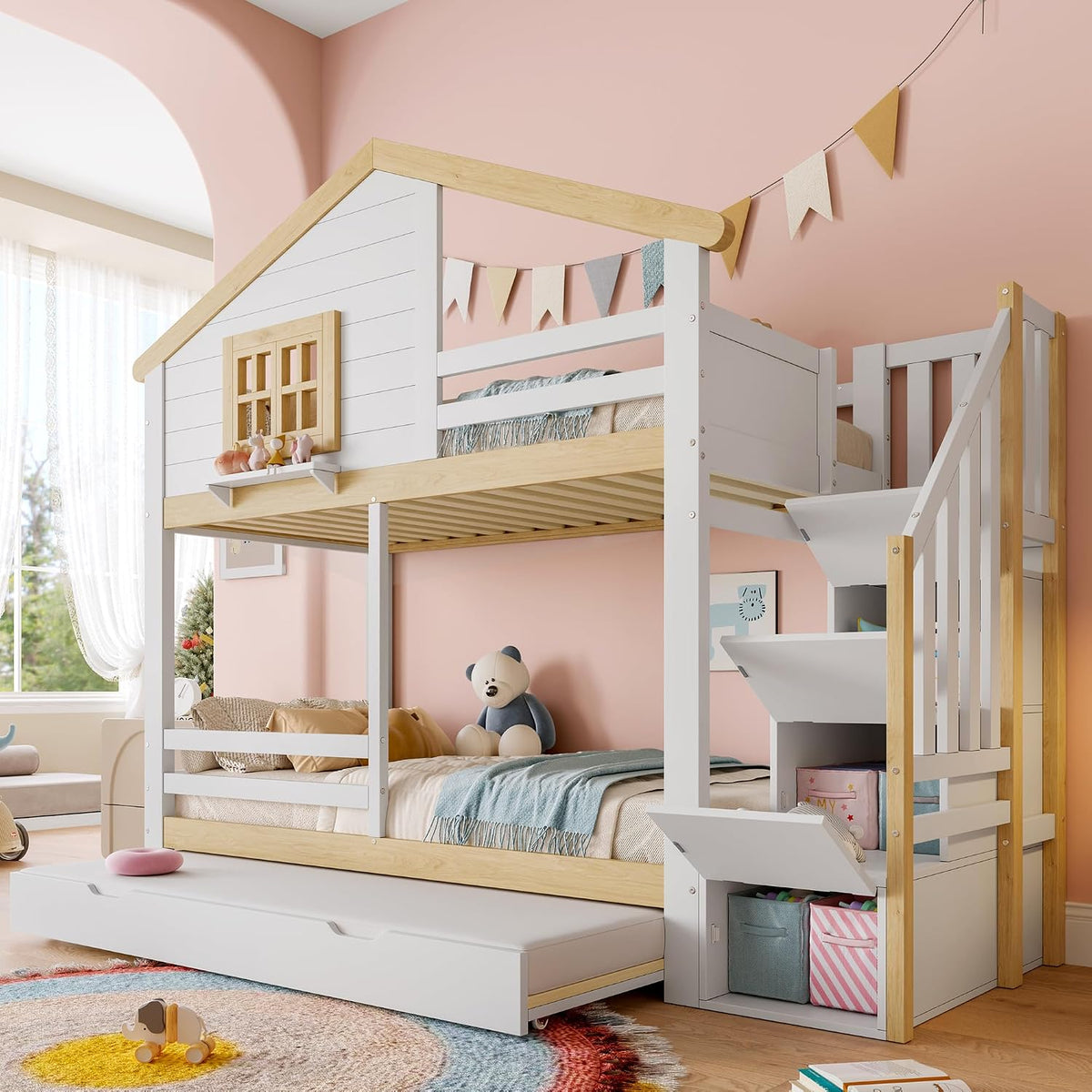 Kinderbett 90x200, Ohne Matratze, Etagenbett für 2 Kinder, Hausbett Hochbett mit Ausziehbett&Treppe&Fenstern&Dach, Weiß+Natur