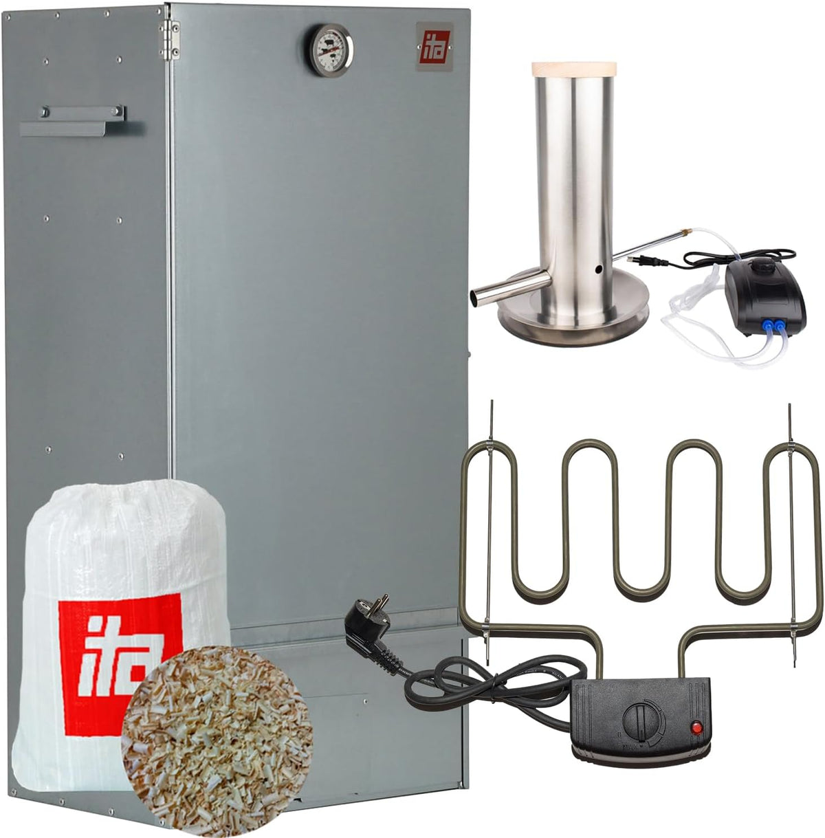 ITA Elektrischer Räucherofen 7001, 81 cm mit 3 Etagen, Smoker Set mit Heizung, Räucherschrank mit Thermometer, Rauchgenerator, Legierter Stahl