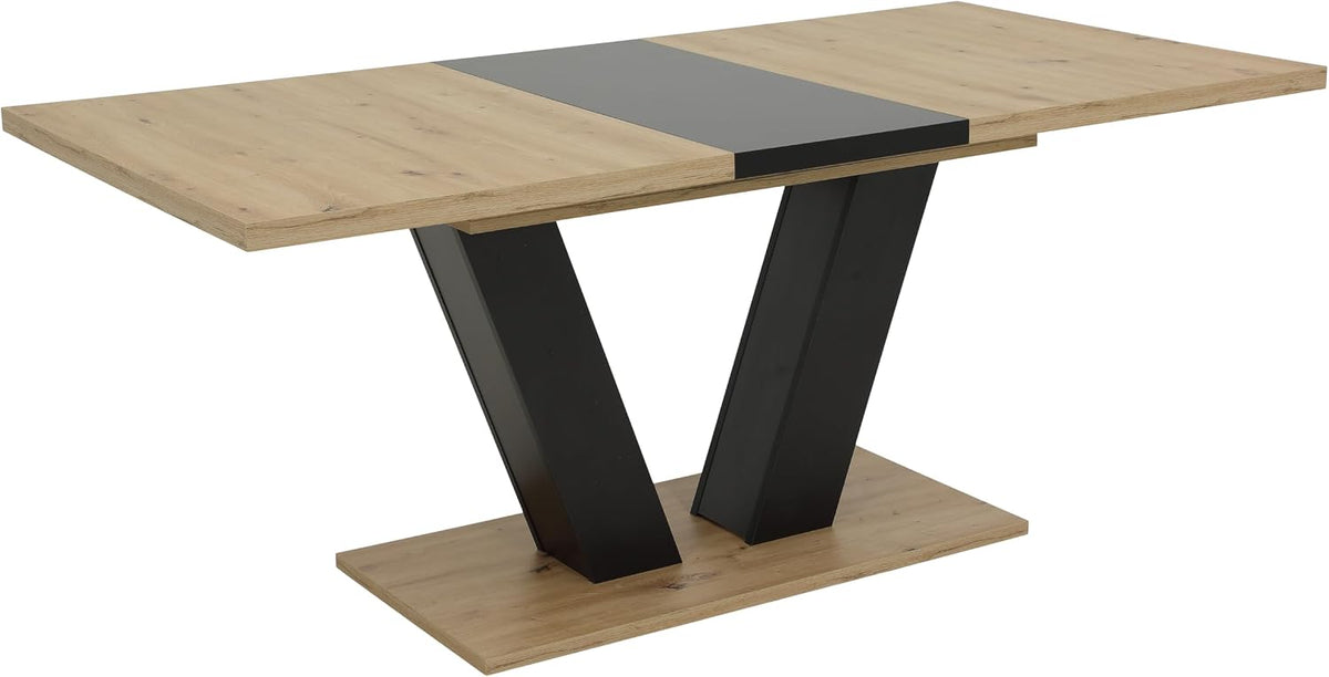 Hela Tische, 140-180 x 90 cm, Ausziehbarer Esstisch Hamm, Dekor Artisan Eiche und Schwarz, V-förmiges Gestell, Synchronauszug