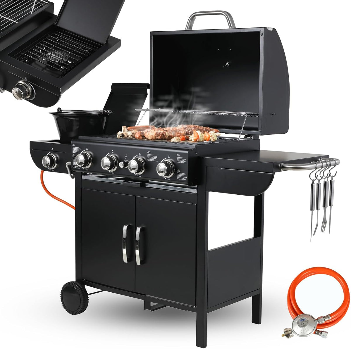 TLSUNNY 4+1 Brenner Gasgrill, 4*/2.93KW + 2.33KW, Gasgrill Master mit Seitenkochfeld, BBQ Grillwagen Gas mit 2 pcs Rad, mit Thermometer, Impulszünd