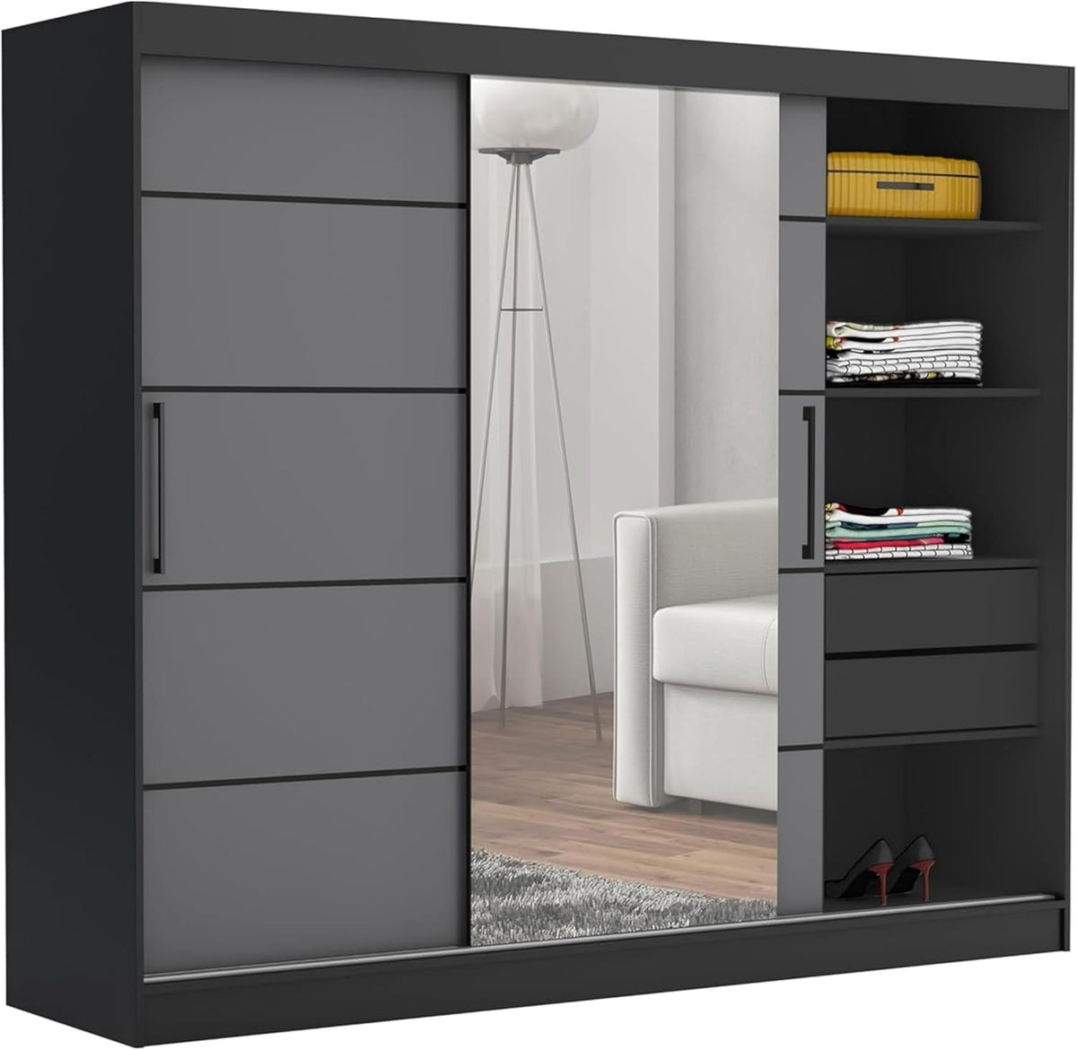 Brent, Kleiderschrank mit Spiegel und Schubladen 235cm Breit Chelsea Tomy, Schwebetürenschrank mit Spiegel, Schlafzimmerschrank
