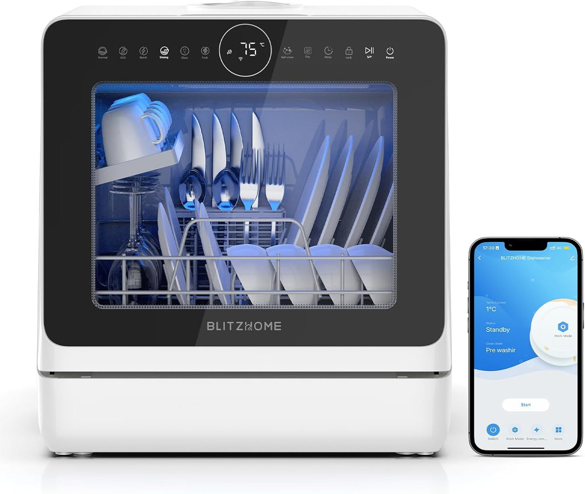 BLITZHOME Mini Spülmaschine Tischgeschirrspüler Smart App-Steuerung
