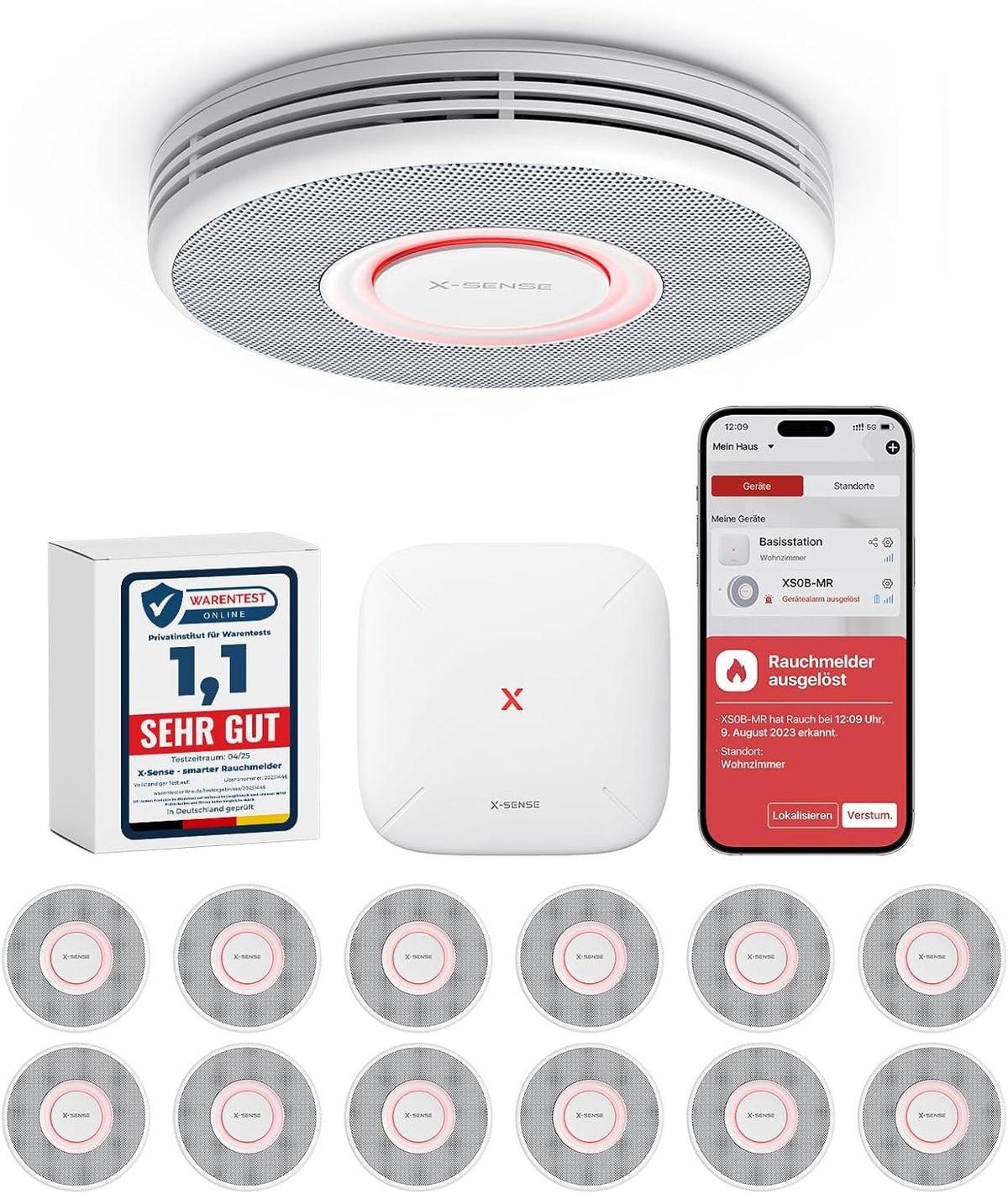 X-Sense Smarter Rauchmelder WLAN mit Sprachausgabe und 17 Standorten, Brandmelder mit SBS50 Basisstation, XS0B-MR121, 33 mm, Feuermelder, 12 Stück