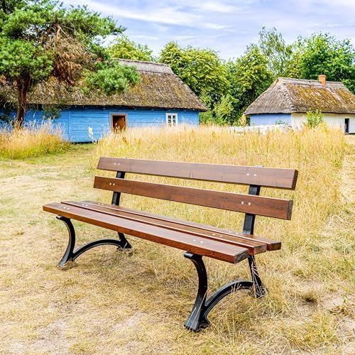 REKORD Gartenbank 170 x 59 x 73 cm Robuste Parkbank aus Metall und Holz mit Rückenlehne wetterfeste Outdoor Sitzbank Bank für Garten Terrasse Balkon