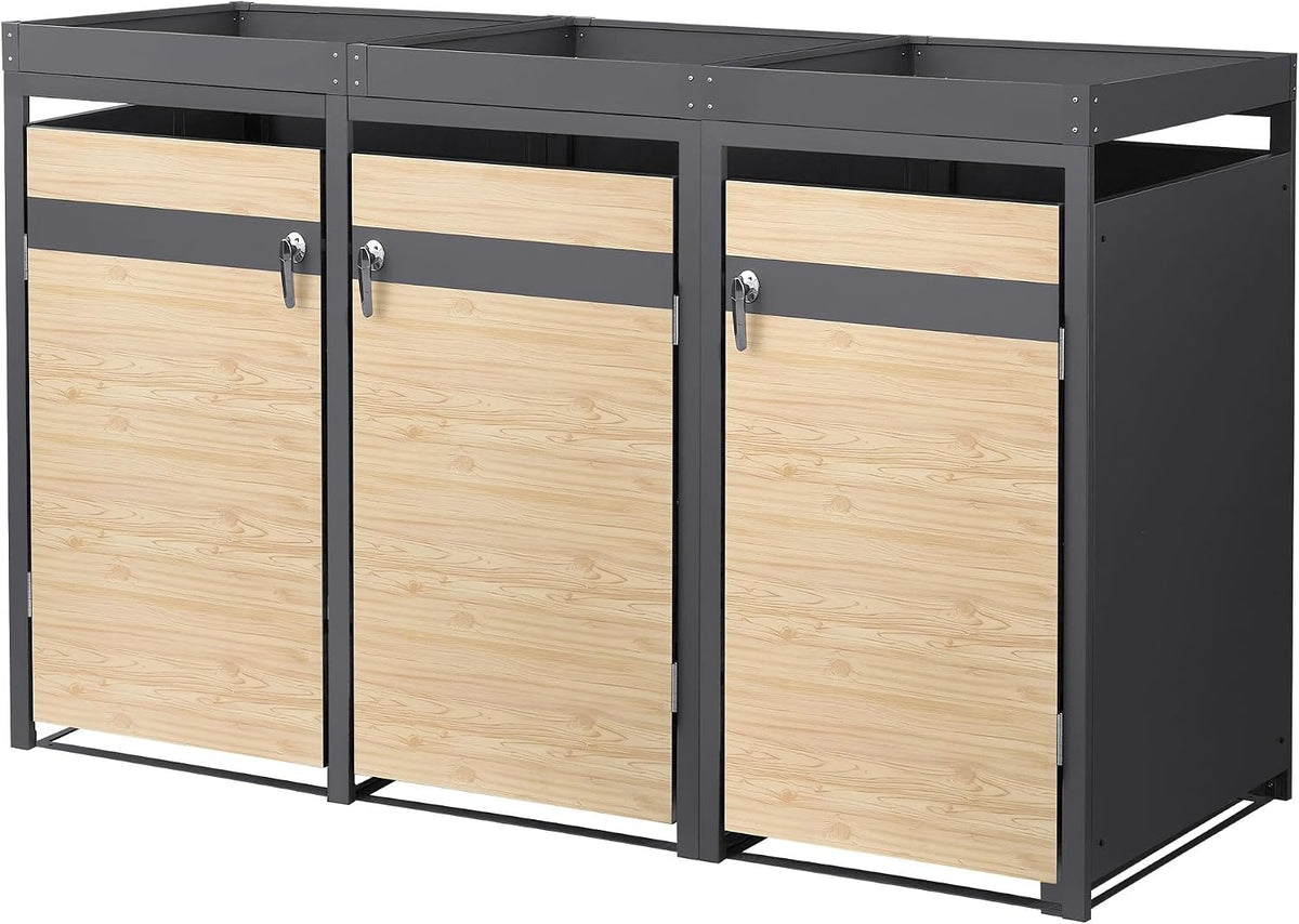 ML-Design Mülltonnenbox 3er 240L mit Pflanzdach, abschließbare Tür 200x80x124 cm Anthrazit-Holzoptik, Mülltonnenverkleidung für 3 Mülltonnen