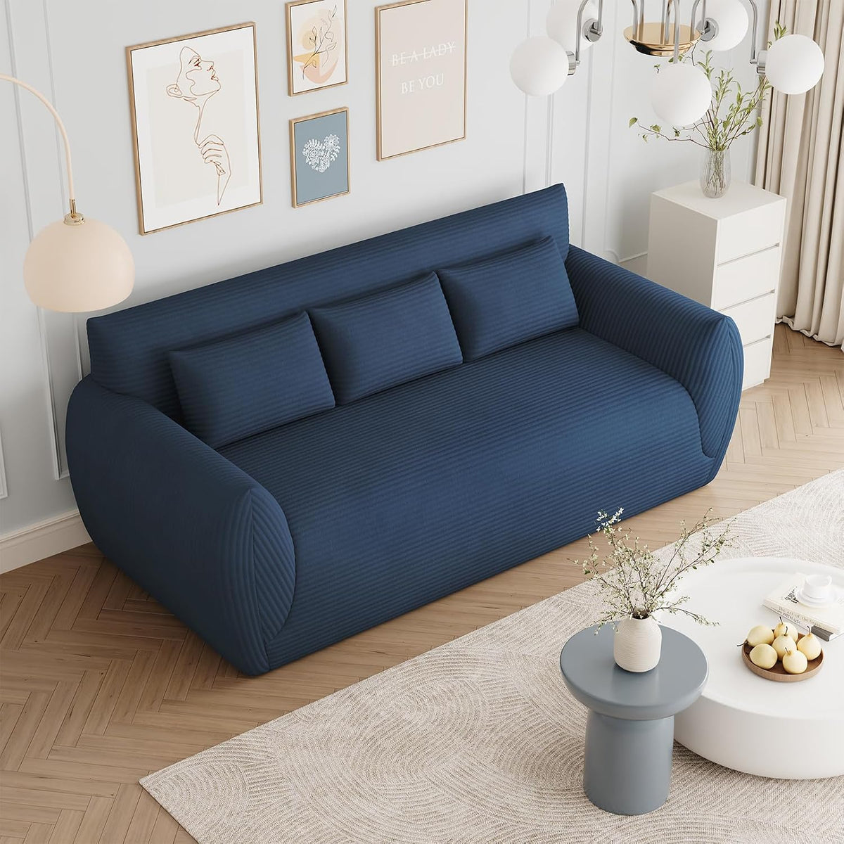 Vesgantti Cord 3 Sitzer Sofa, 200 cm lang, Compressed Sofa mit 3 Stützkissen für Wohnzimmer, Montagefrei, Schlafzimmer (Blau, Dreisitzer)
