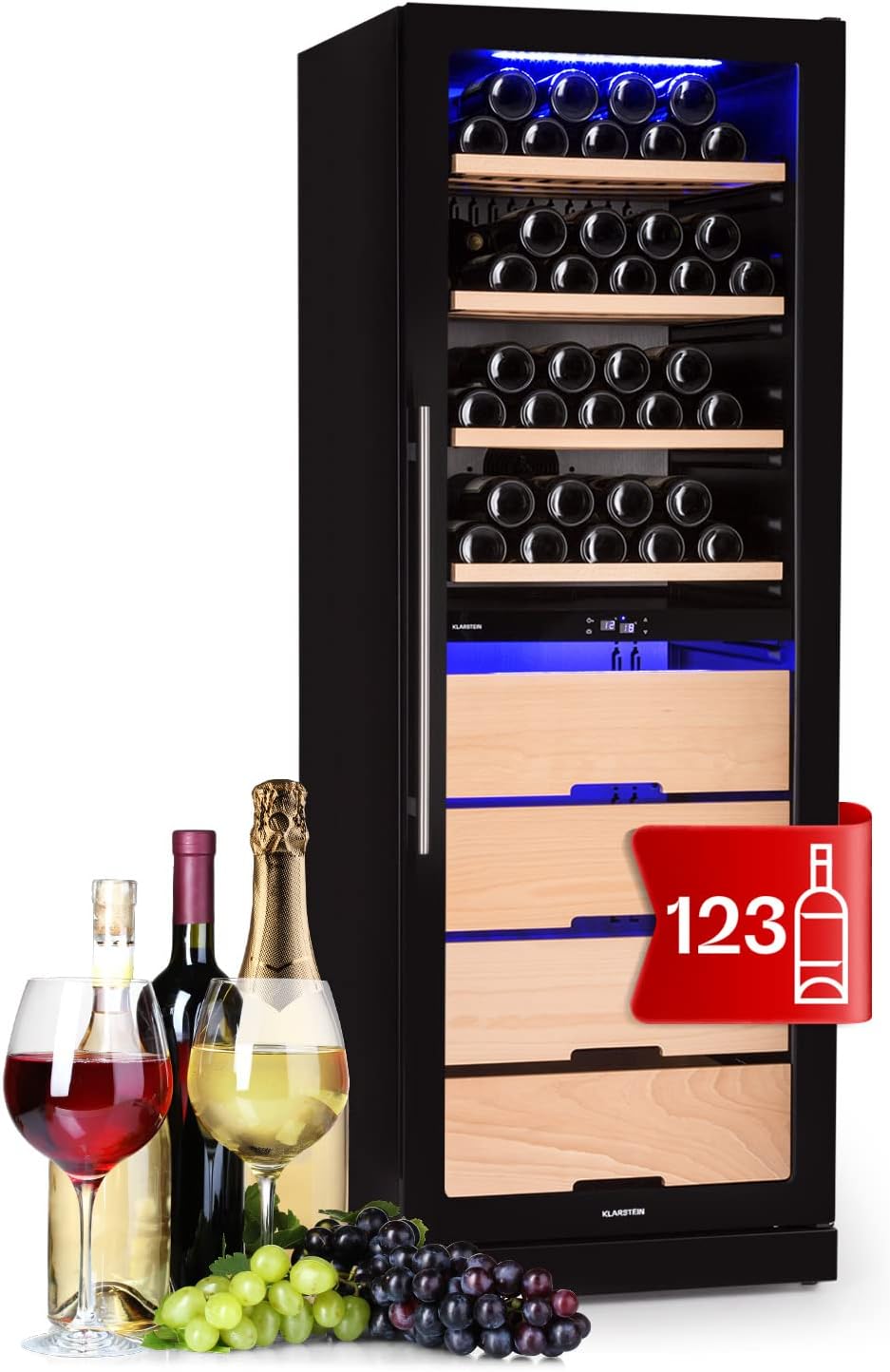 Klarstein Weinkühlschrank, 2 Zonen Kühlschrank mit Glastür, 5-18°C, Weinkühlschränke mit UV-Schutz, Getränkekühlschrank Schmal, Weinkühlschrank Klein