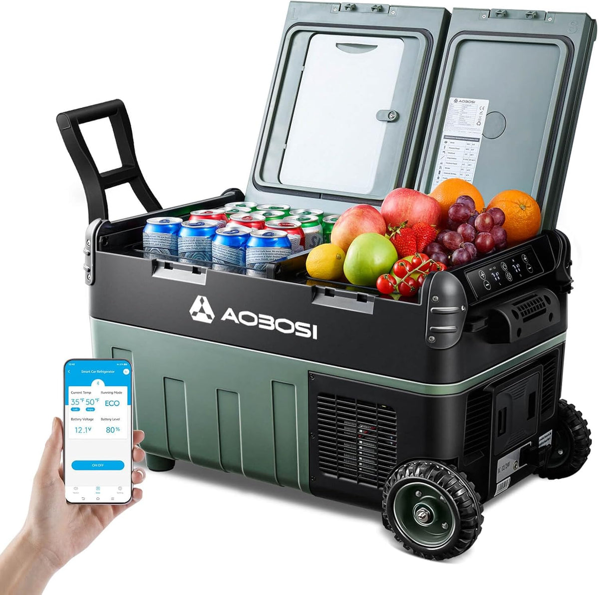 AAOBOSI 30L Kompressor Kühlbox, 12/24V und 100-240V, Camping Kühlschrank mit APP, 20°C bis 20°C, Kühlbox Kompressor für Auto, Dual Zone, USB-Anschluss