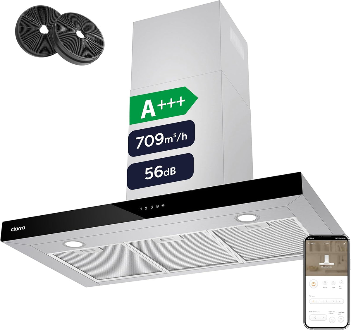 CIARRA CBCS9102 A+++ Dunstabzugshaube 90 cm 709 m³/h Leise 56 dB Edelstahl