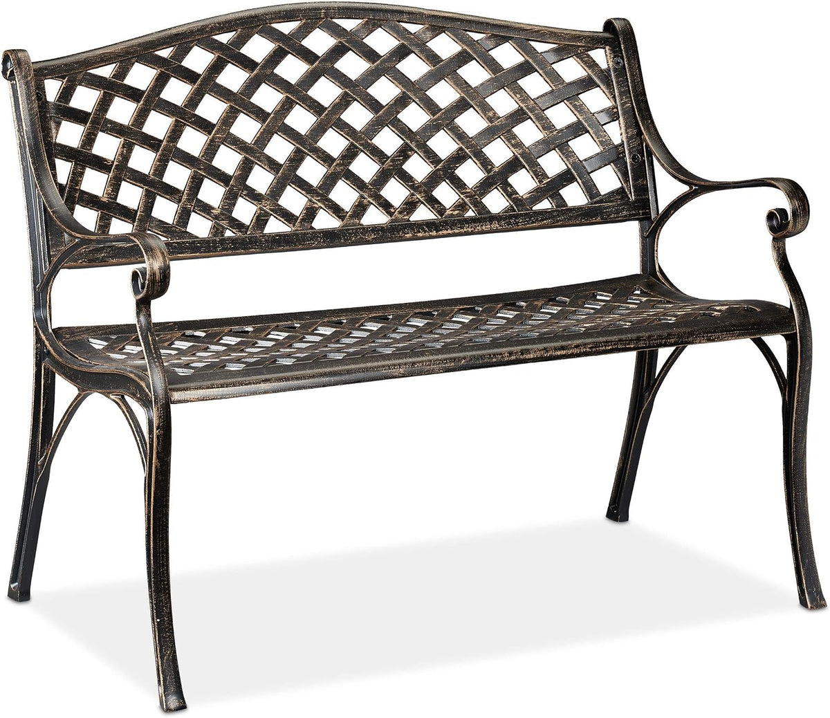 Relaxdays Gartenbank, 2-Sitzer, HBT: 82x102x60 cm, Garten & Balkon, antikes Design, Aluminium Sitzbank, schwarz-bronze