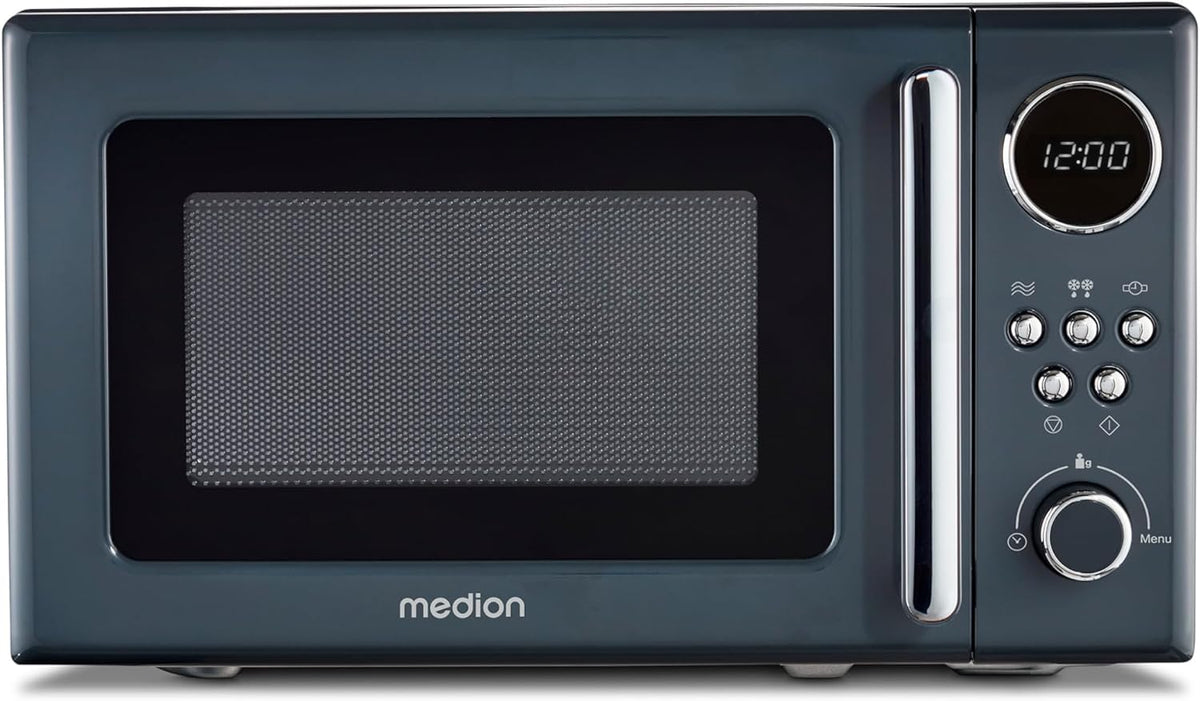 MEDION Retro Mikrowelle klein (20 Liter, MD15000) grau, ca. 800 Watt, 5 Mikrowellenstufen, 8 Automatikprogramme, Digitale Anzeige, Auftaufunktion