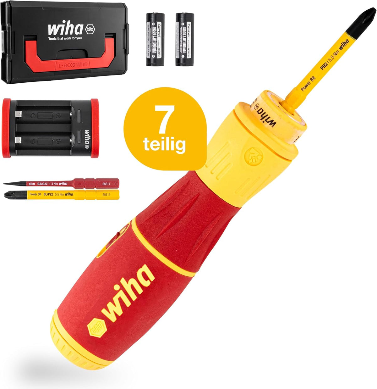 Wiha SpeedE II Electric Screwdriver (44318) 7-Piece (SlimBits, Batteries, USB Charging Cable, L-Boxx Mini), Torque 0.4 nm + 1 nm LED Light