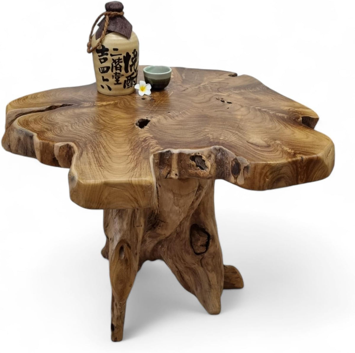 Kinaree Massivholz Couchtisch ALOR Setar, mit Tischplatte aus Wurzelholz Baumscheibe (50 x 65-70cm), Ø 65-70cm