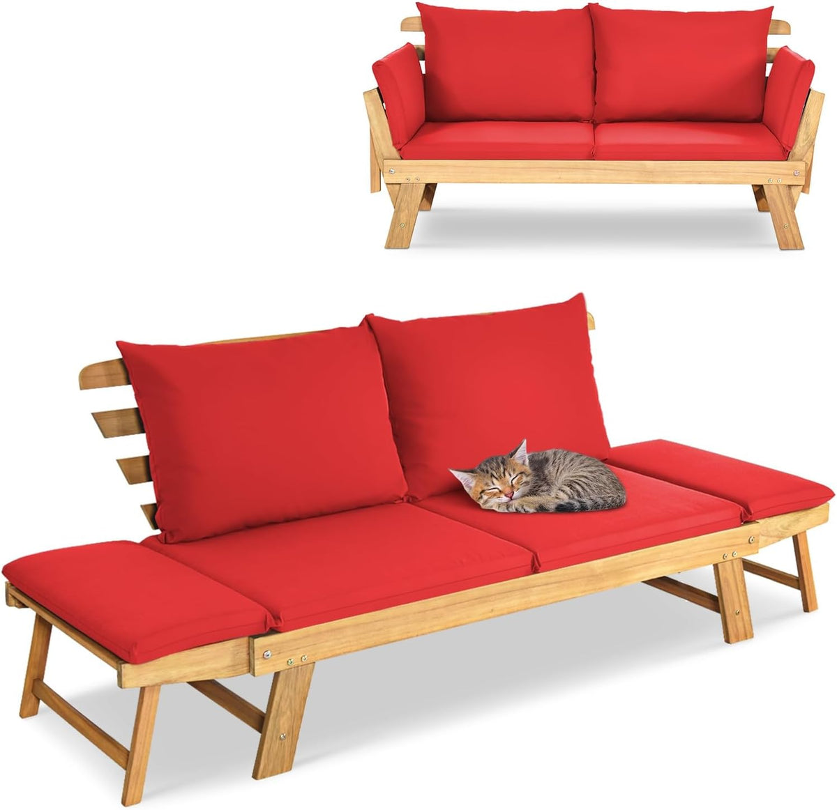 GIANTEX Gartenbank mit Liegefunktion, Loungesofa 3-Sitzer, Gartensofa mit klappbaren Seitenlehnen, Balkonbank mit Auflagen