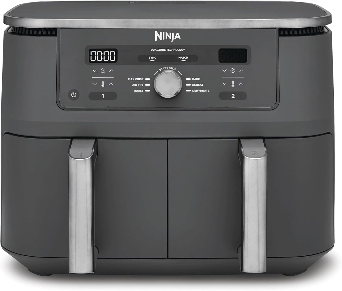 Ninja Dual Zone Digital Air Fryer, 6-in-1, Metallic Grau DZ400EU, 9,5L, 2 Schubladen, Heißluftfritteuse, Heißluft-Frittieren, Max Crisp, Rösten