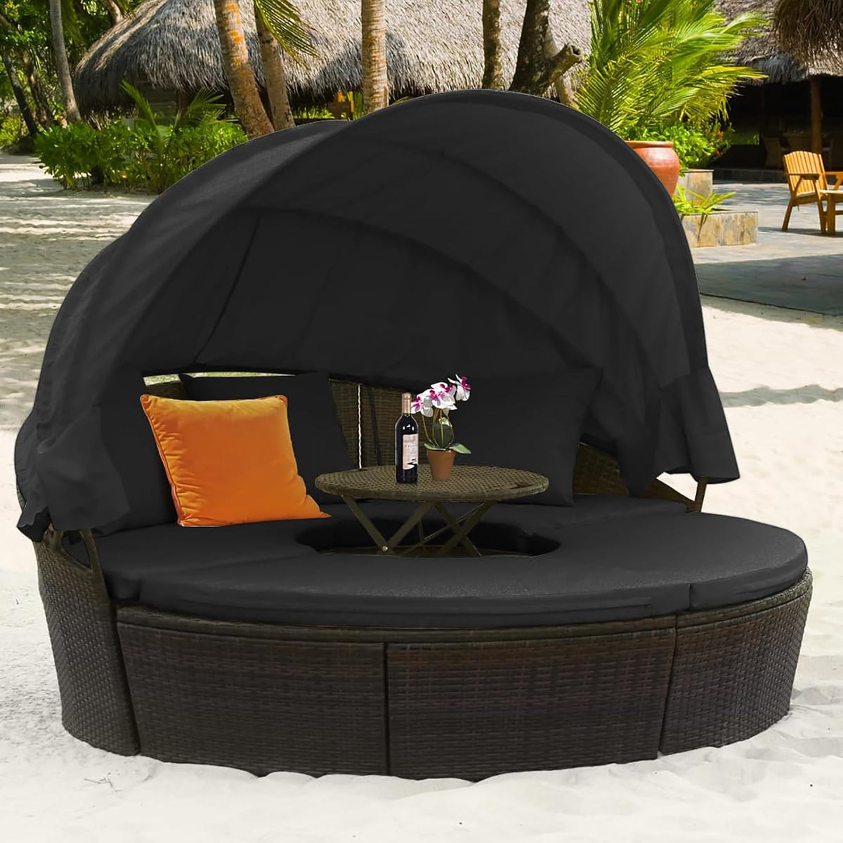 GIANTEX Sonneninsel Liegeinsel mit faltbarem Sonnendach, Rattan Lounge Gartenmuschel Outdoor, Sonnenliege Gartenliege Set rund φ192 cm