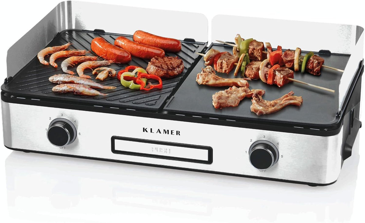 KLAMER Elektrogrill, mit Wind-/ Spritzschutz & Auffangschale, antihaftbeschichtete und abnehmbare Duo-Platten, separate Temperatureinstellung
