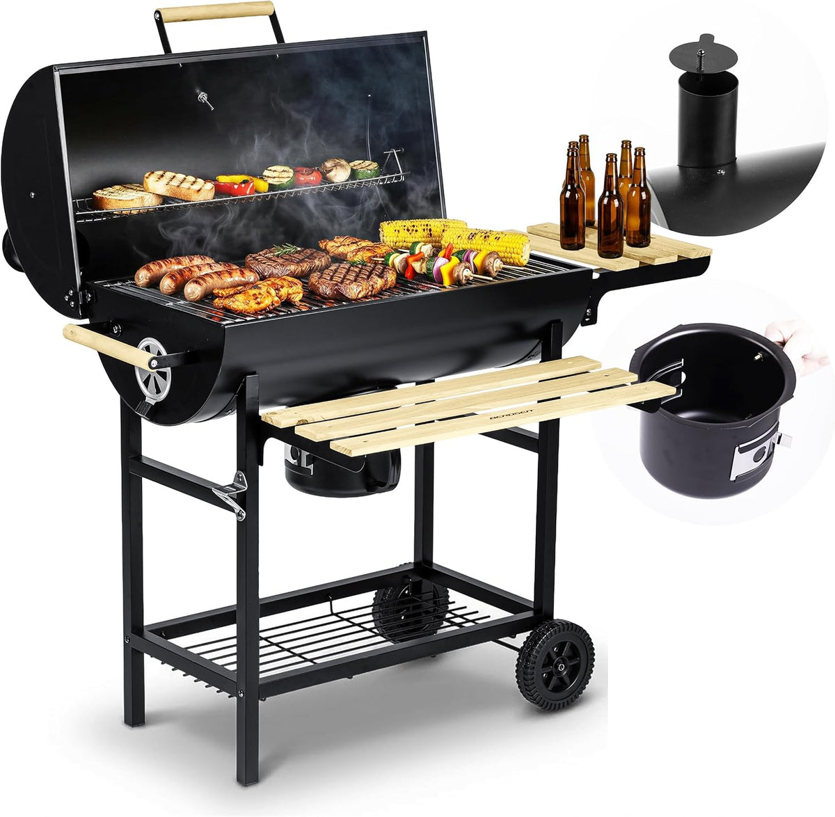 Berdsen Holzkohlegrill Grillwagen mit Deckel und Schornstein, XXL Grill mit Thermometer, Großer Grillrost 70 x 35 cm, Aschekasten und Flaschenöffner