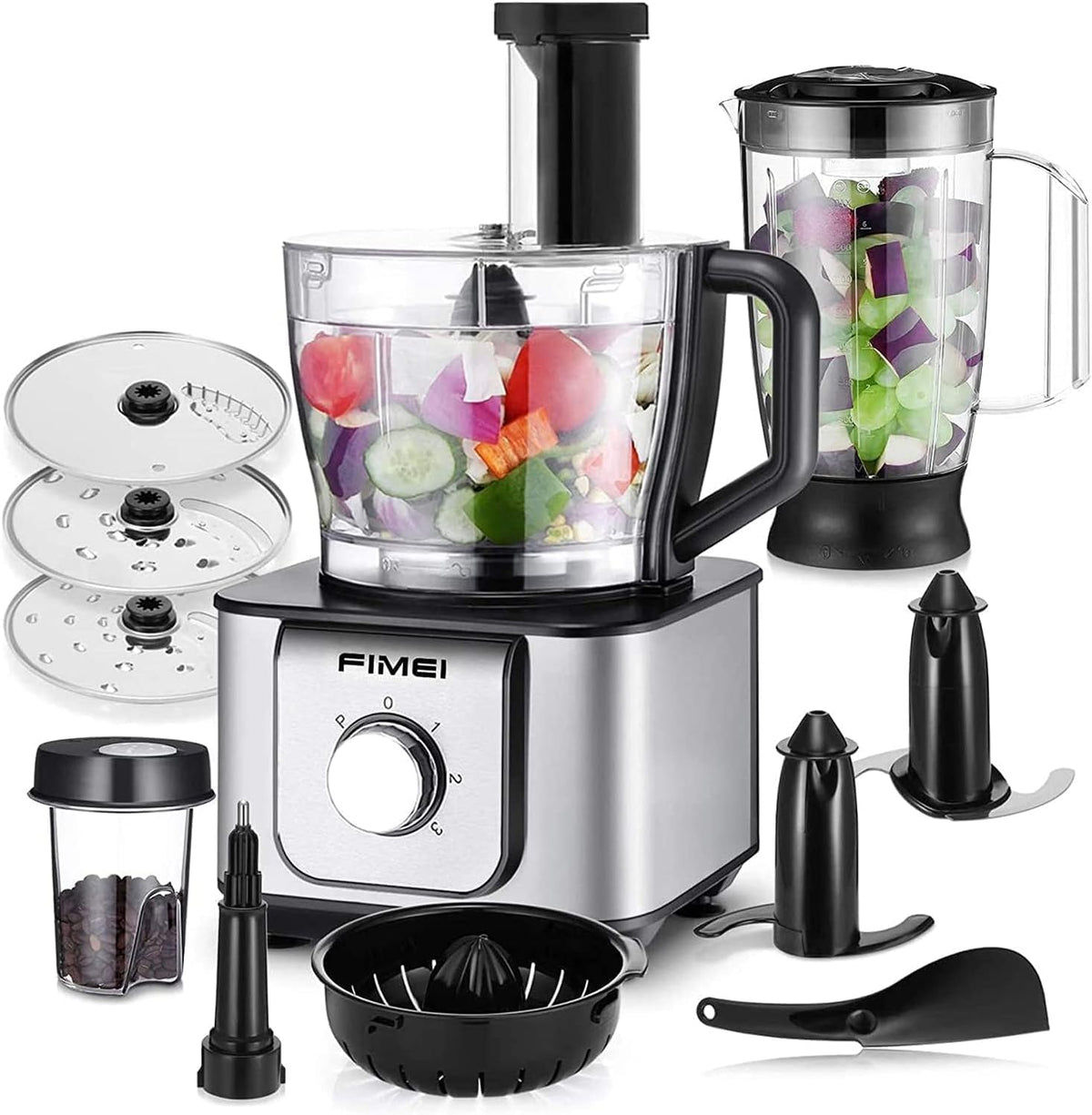 FIMEI Küchenmaschine 1100W, 1,5L Mixer, 11-in-1 Küchenmaschine, 3,2L Zerkleinerer, 3 Geschwindigkeitsstufen & Pulsfunktion, Mahlwerk, Zitruspresse