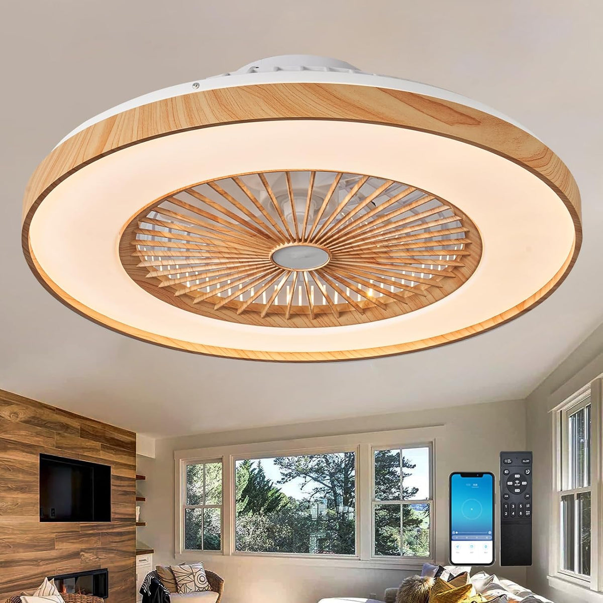 Leise Deckenventilator Mit Beleuchtung Und Fernbedienung 50/60cm LED Deckenlampe Mit Ventilator 96 Watt 9600 Lumen Dimmbar Reversibler DC Motor