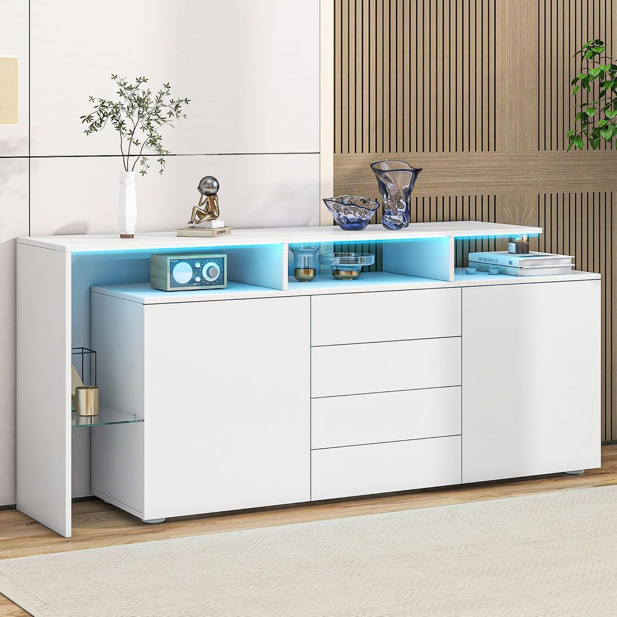 Ymkua Sideboard, Kommode mit 2 Türen und 4 Schubladen, TV-Schrank, LED-Vitrine, 160x35x70 cm (White), Buffetschrank, Wohnzimmerschrank, Standschrank