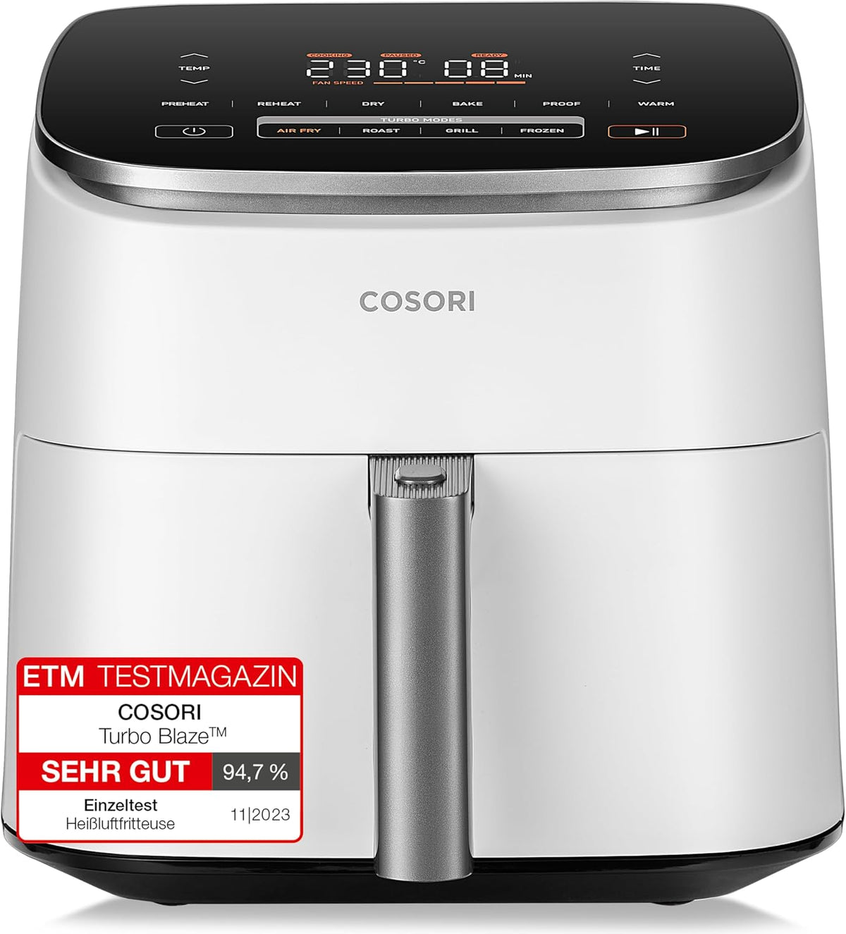 Cosori Turboblaze Heißluftfritteuse Airfryer, 9-in-1 Air Fryer XXL 6L, leiser DC Motor mit 5 Geschwindigkeitsstufen, Grillen, Backen, Gären, Weiß