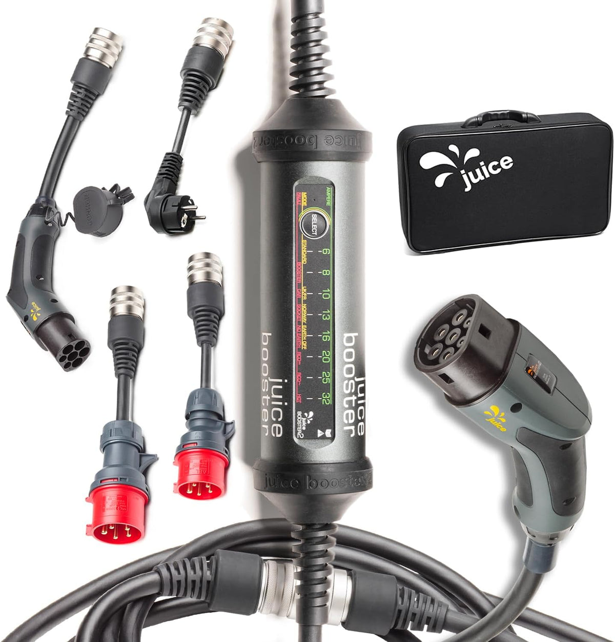Juice Booster 2, Mobile Ladestation 22 kW, Adapter für alle Steckdosen, Schweizer Design, Typ 2 Ladekabel, automatische Adaptererkennung