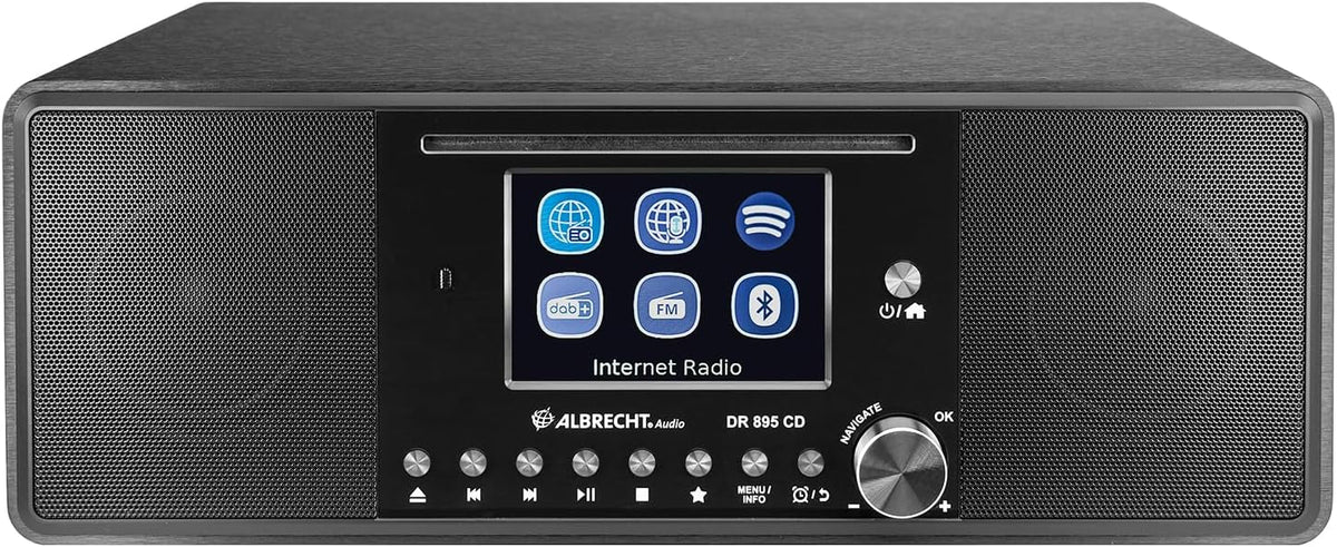 Albrecht DR 895 CD Kompaktanlage, mit 4' Farbdisplay, DAB+/UKW/Internet/CD, 27895, Schwarz, Stereo Musik und Podcast Streaming, USB, App Steuerung