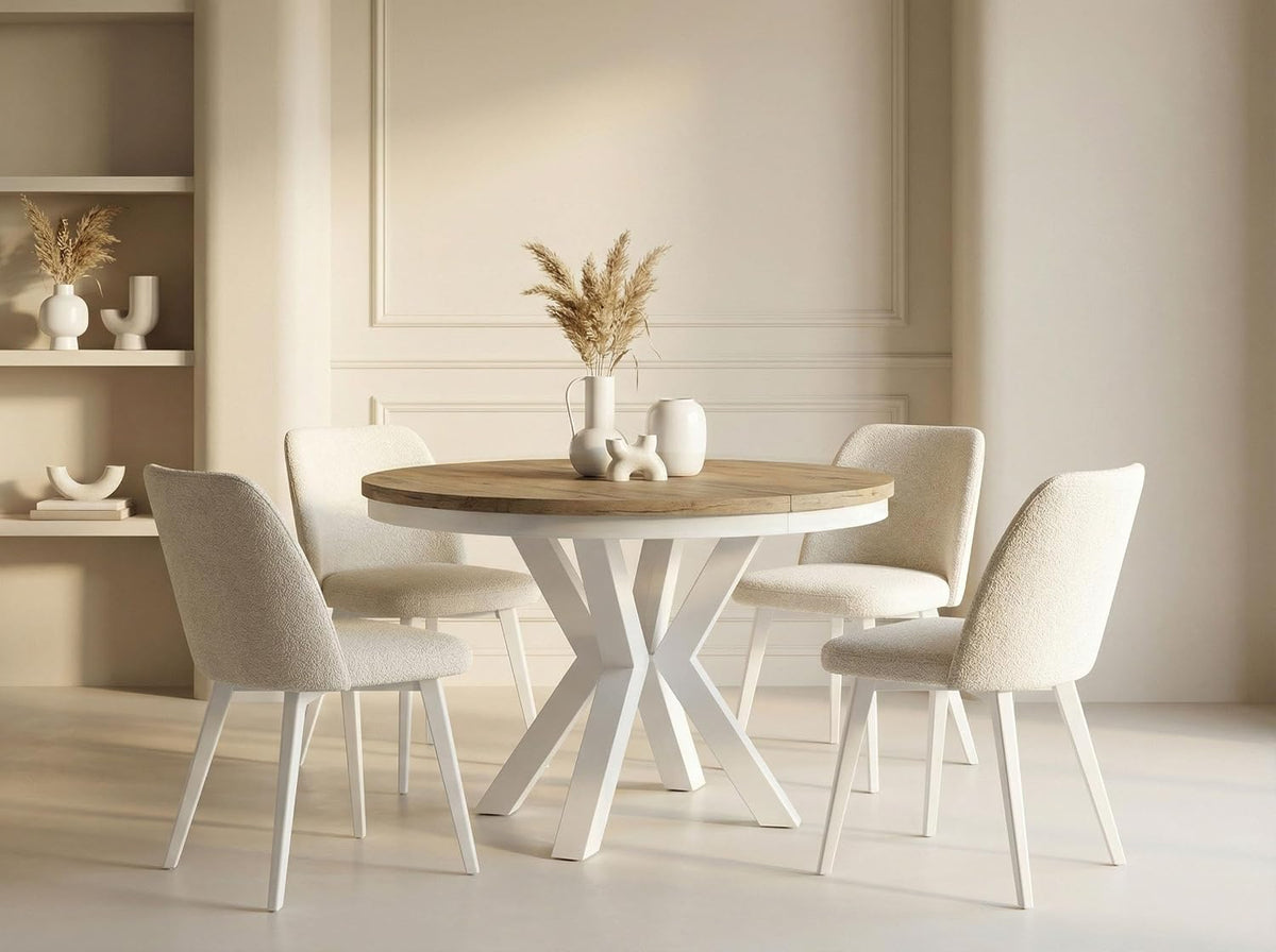 WFL GROUP Runder Ausziehbarer Esstisch im Loft-Stil, Industrieller Tisch mit Weißen Metallbeinen, Platzsparender Tisch für Wohnzimmer, 120 bis 200 cm