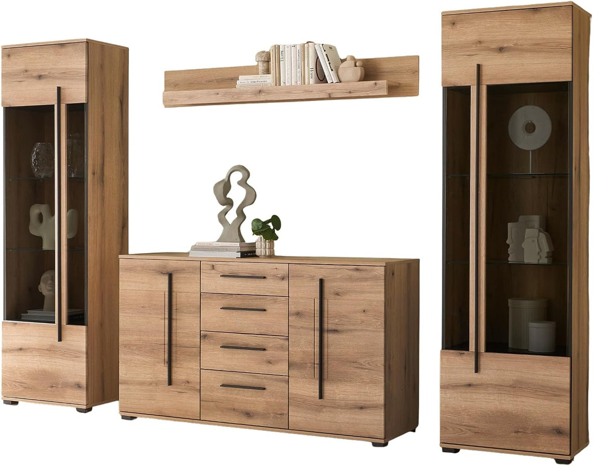 Wohnwand in Evoke Eiche Wohnkombination Set 4-teilig 290 cm, mit Soft-Close, Design-D