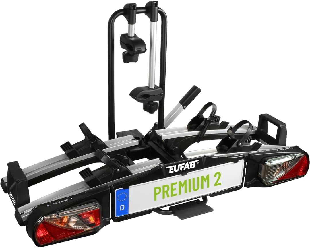 EUFAB 11521 Fahrradträger PREMIUM 2, für 2 Fahrräder, für Anhängekupplung, E-Bike geeignet, komplett vormontiert, Diebstahlschutz, Schwarz, Silber