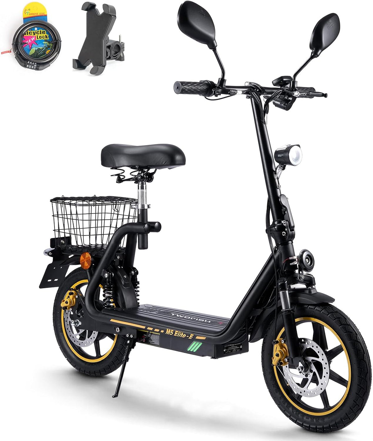 TWOFISH Elektro Moped 500W mit 48V 13Ah Akku, 14 Zoll Reifen, Motorroller mit Straßenzulassung, Elektro Motorrad mit Sitz & Korb, EEC Zertifiziert