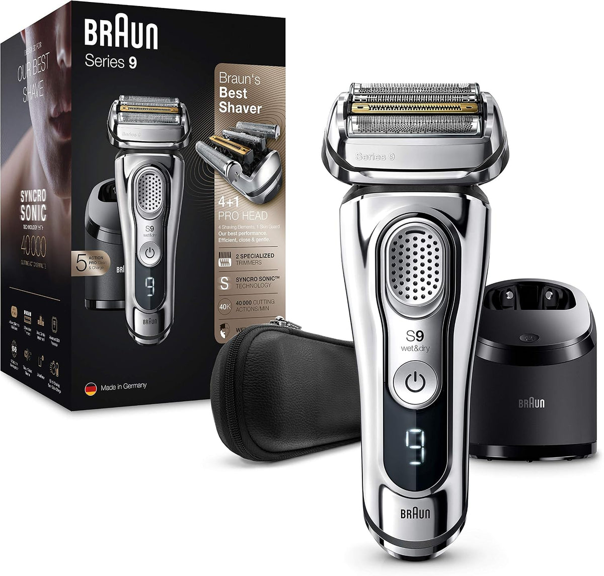 Braun Series 9 9395cc Elektrorasierer für Herren, Elektrorasierer für Nass- und Trockenheit, verbesserte Reinigungs- und Ladestation, Ledertasche
