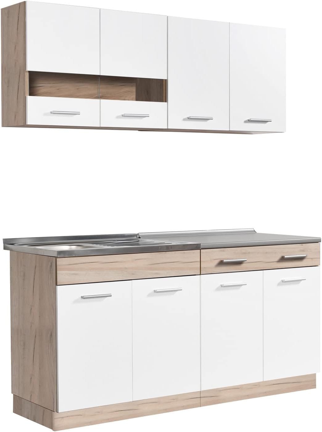 Homestyle4u Küchenzeile ohne Geräte 160 cm, Weiß Eiche
