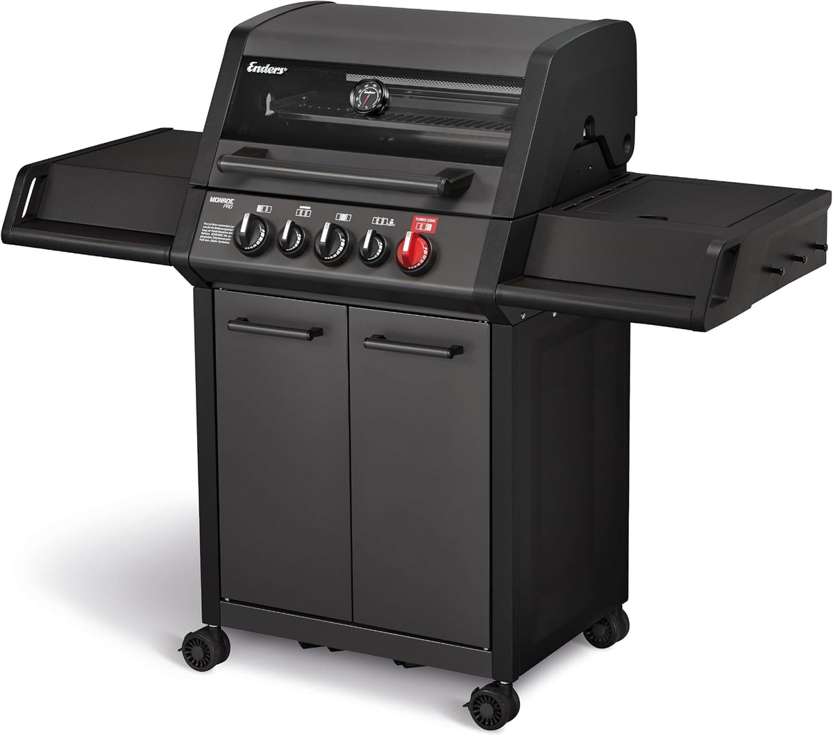 Enders Gasgrill MONROE PRO 3 SIK TURBO SHADOW, 3-Edelstahlbrenner, 800 °C TURBO ZONE, Seitenkocher, Infrarot-Backburner, Sichtfenster, HEAT RANGE