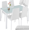 tectake Essgruppe Set Tisch und Stühle, Esstisch und 4X Stuhl, Tischplatte aus Sicherheitsglas, strapazierfähiges Kunstleder, Küchenstühle modern