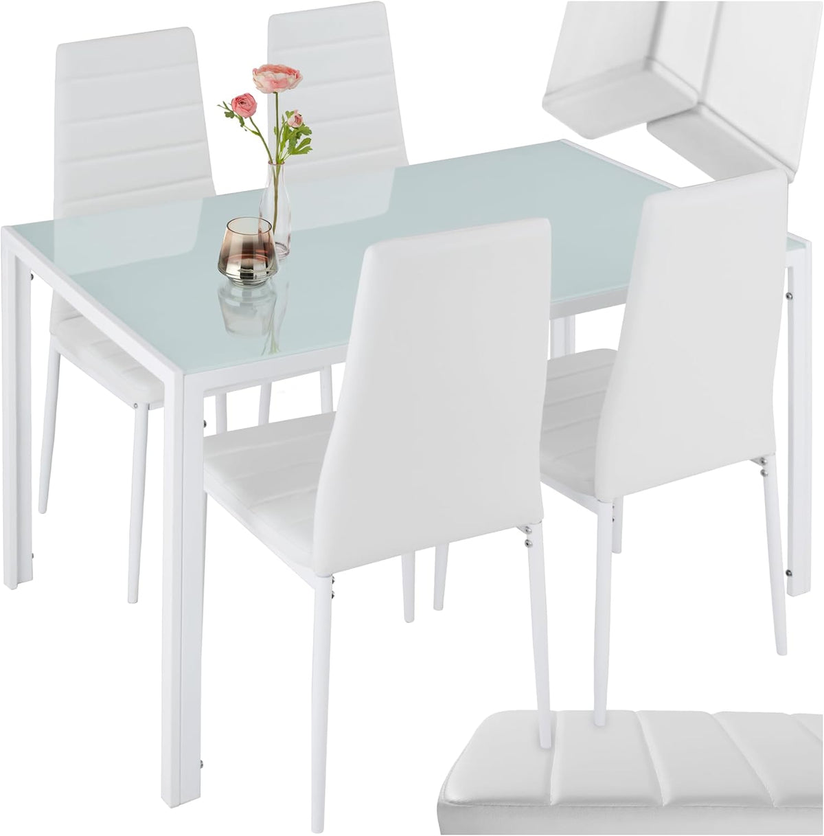 tectake Essgruppe Set Tisch und Stühle, Esstisch und 4X Stuhl, Tischplatte aus Sicherheitsglas, strapazierfähiges Kunstleder, Küchenstühle modern