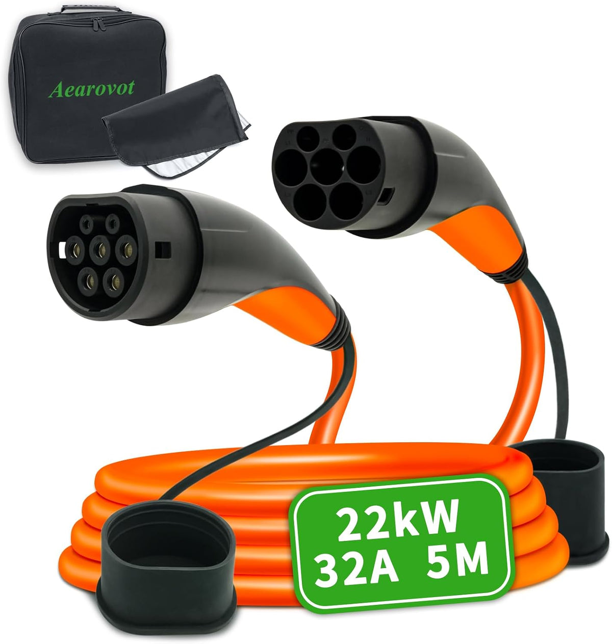 Typ 2 Ladekabel 22kW [32A 3-phasig Modus 3, 5m IEC 62196-2 ] Elektroauto Ladekabel mit Aufbewahrungstasche und Regenschutzhülle