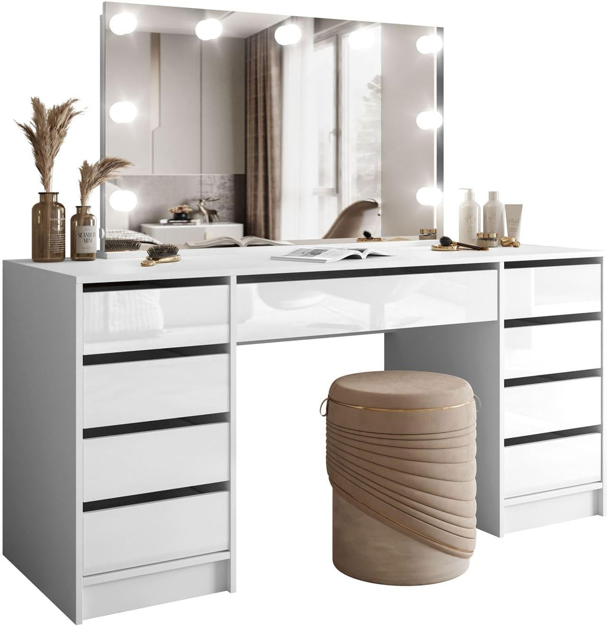 Lookway Schminktisch MADA Elite II mit LED-Spiegel, Eleganter Kaschmir oder Weiß Hochglanz, Wandmontage, Geräumige Schubladen (Weiß/Weiß Hochglanz)