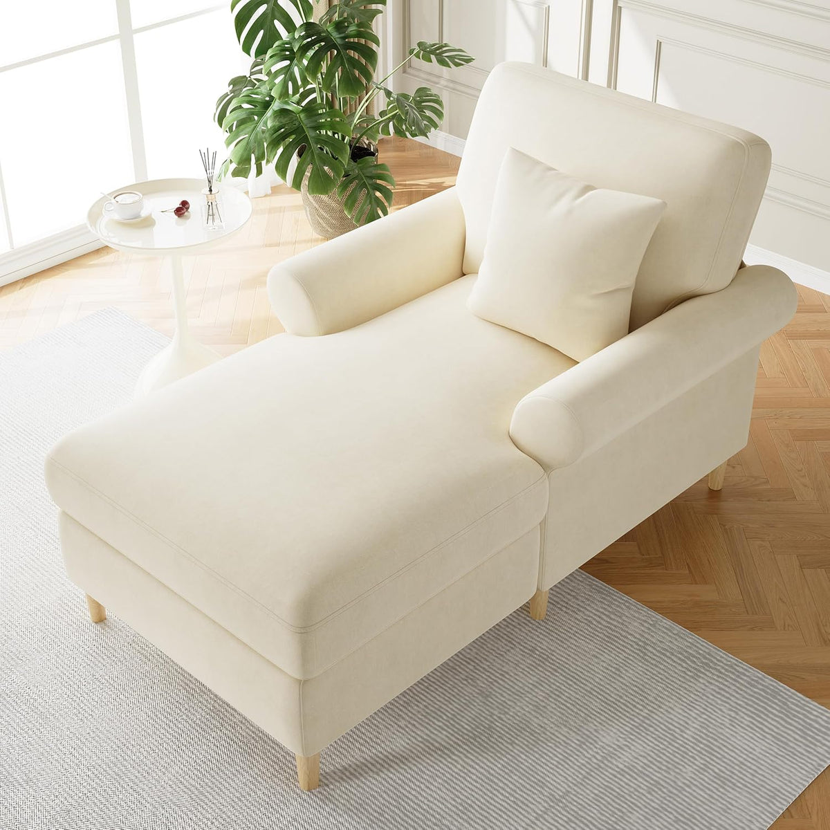 Gepolsterter Relaxsessel, samtbezogener Lounge-Sessel, Sitzsack für Wohn- und Schlafzimmer, Beige klappbarer Schlafsessel, Bequemer Lesesessel