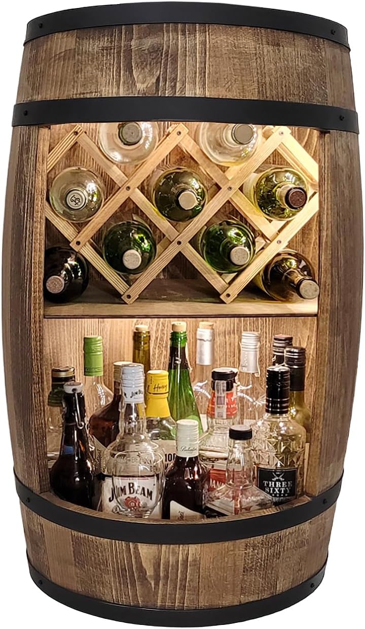 weeco Fassbar mit LED Beleuchtung und Weinhalter. Weinregal, Holzfass Hausbar 80cm. Rustikaler deko Barschrank Weinständer, Fass. Fassbier