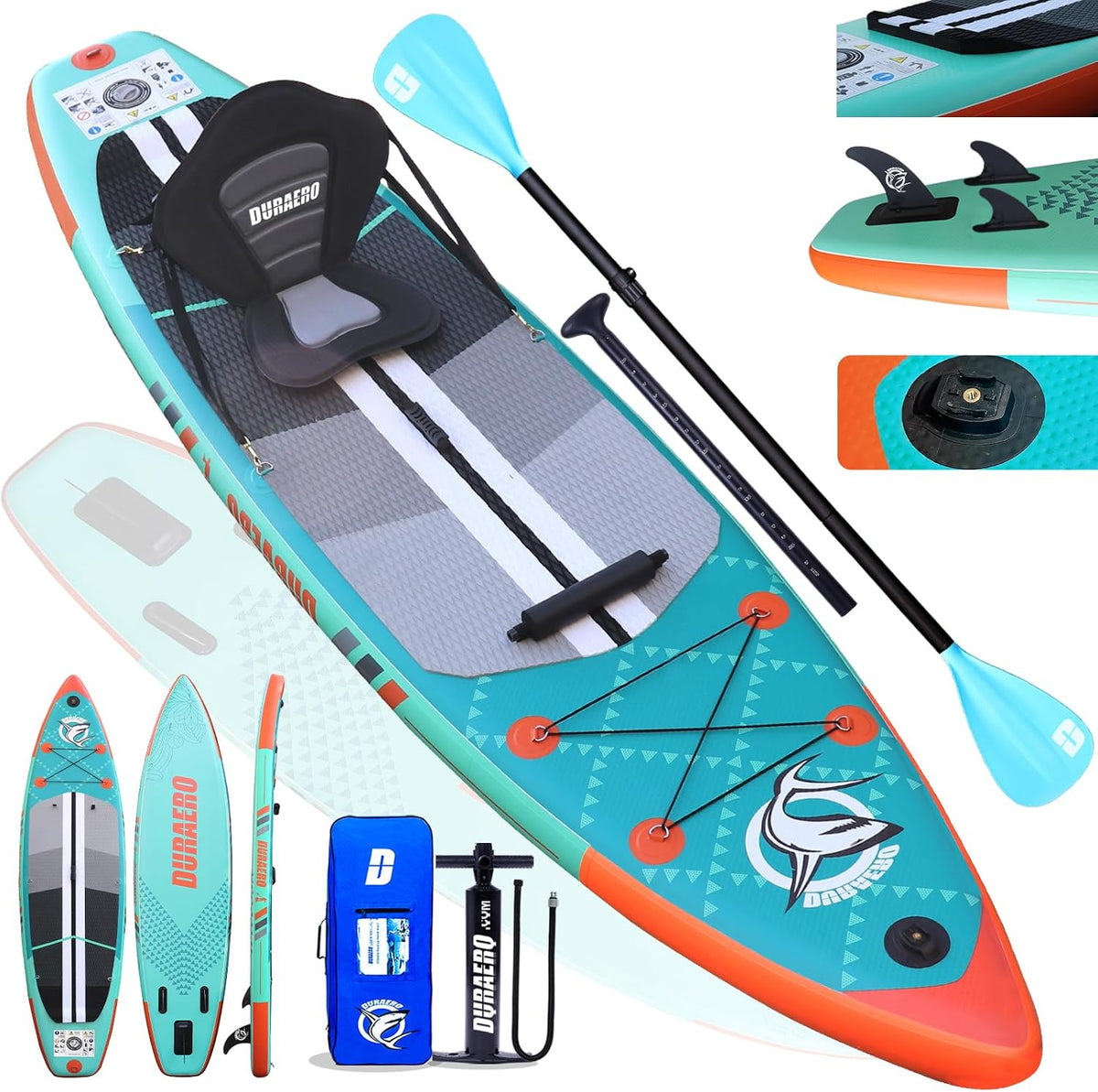 Stand up Paddling Board Aufblasbare SUP Set, Tragkraft bis 150Kg, Kajak Sitz,330x76x15cm, Cam Halterung, Integrierte Kick-Pad, 3 Finnen, Mintgrün