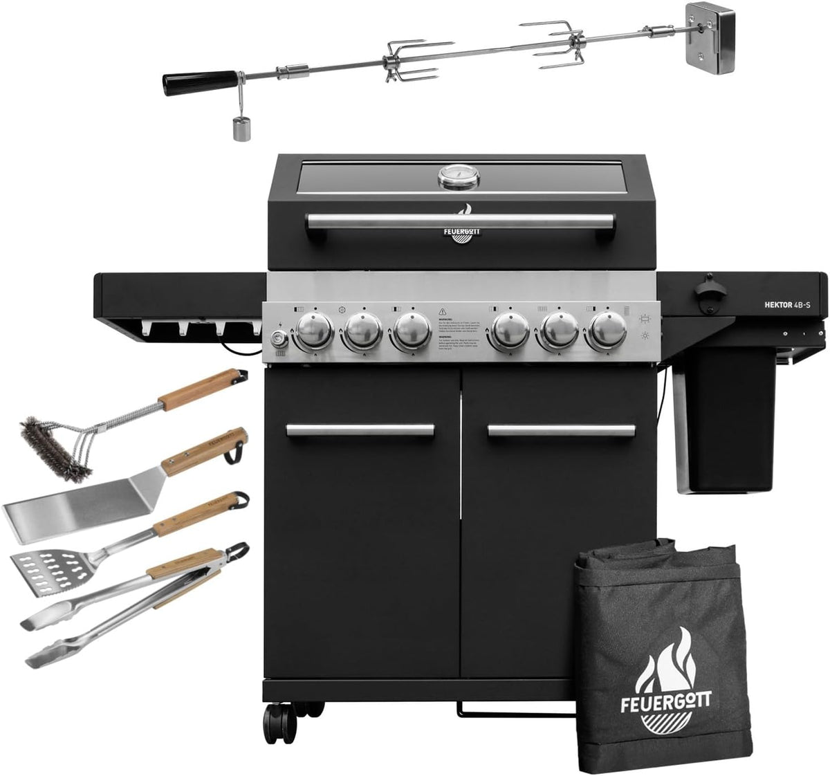 Gasgrill Hektor 4B-S inkl. Drehspieß, All Inclusive mit 4 Grill-Utensilien, Seitenkocher für Garten und Terrasse, Abdeckhaube, 4 Brenner, Sear-Brenner