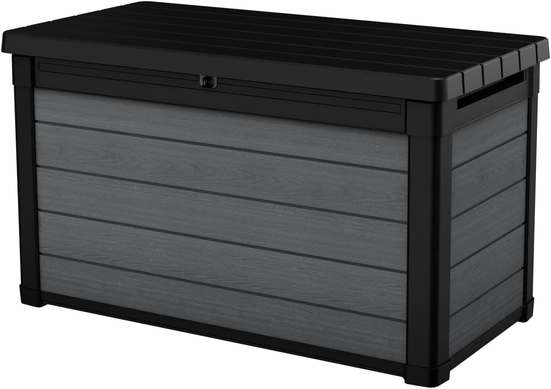 Keter Gartenbox Cortina 100 g, Fassungsvermögen 380 l, 122,9 x 62,1 x 70,6 cm, Oberfläche in Holzoptik, Farbe Grau