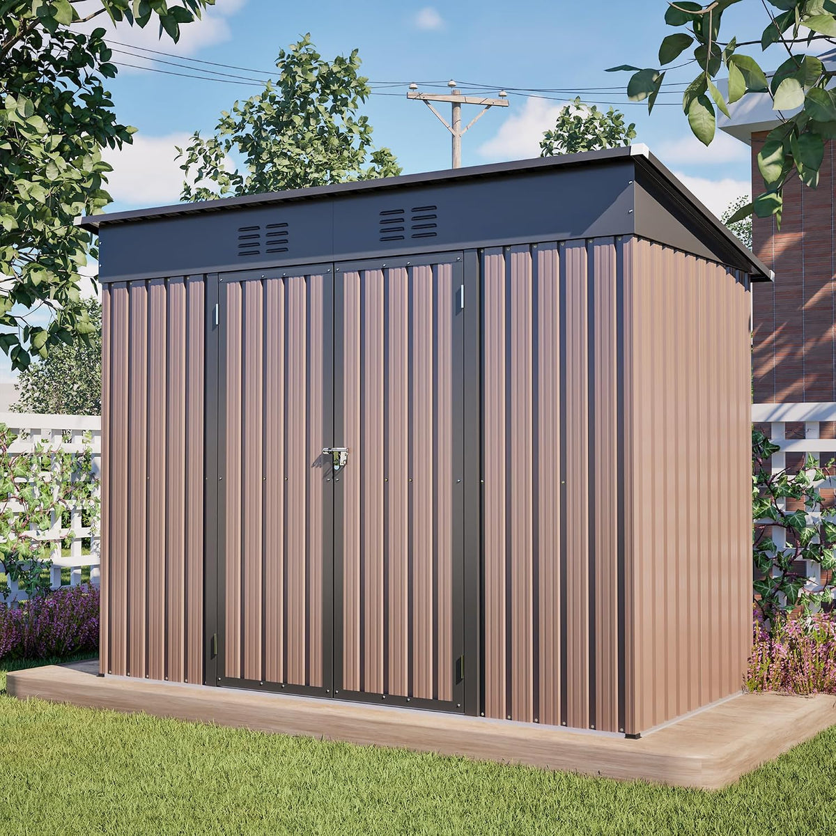 Su & Chan Legence Metall Gerätehaus 242x126x182 cm mit Pultdach und Tür, wetterfester Geräteschuppen mit 2 Belüftungsgittern und Bodenrahmen, Braun