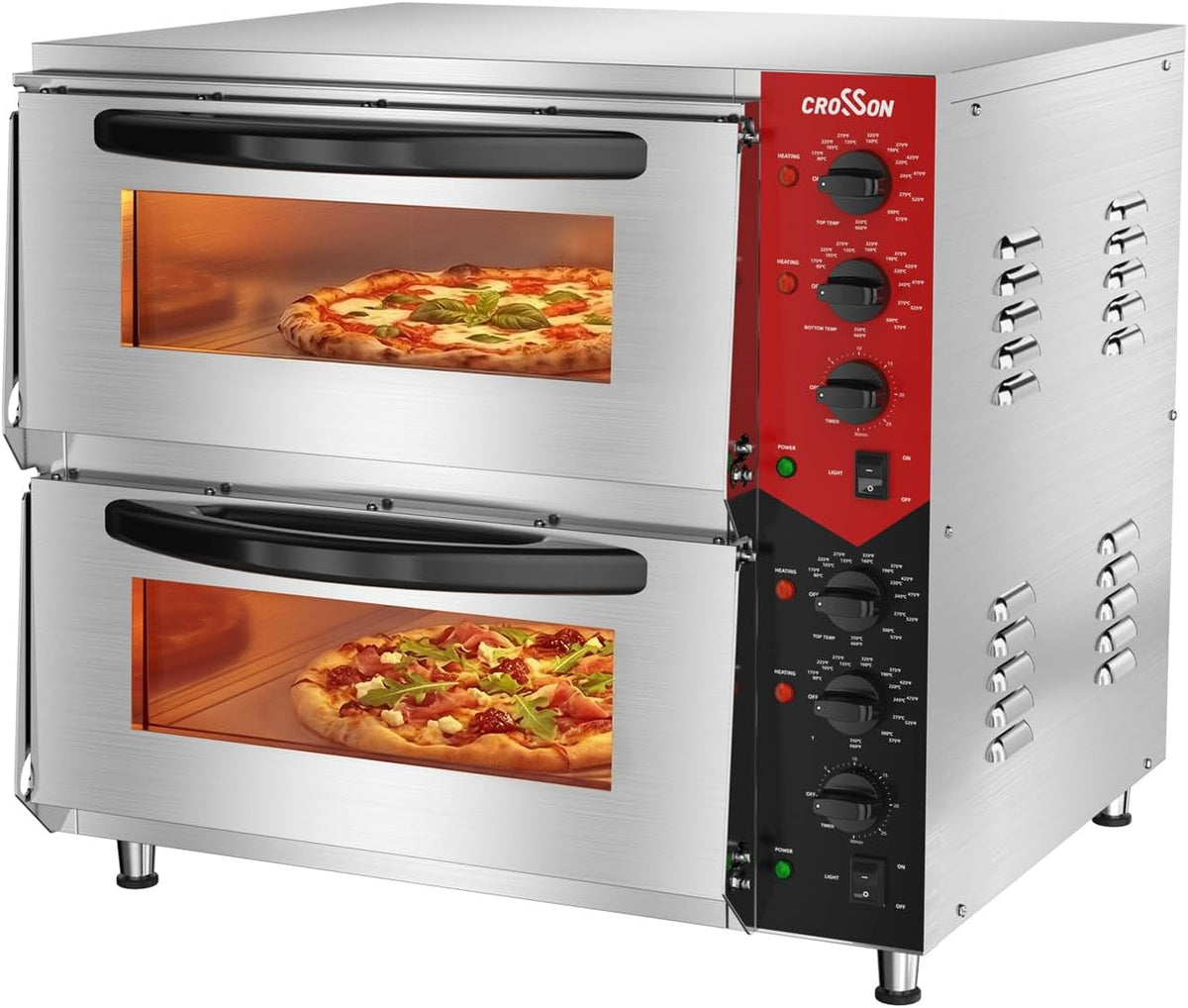 CROSSON Professional Doppel Pizzaofen mit 50 * 50CM Schamottstein, Innenbeleuchtung,6000W, 30-Minuten-Timer